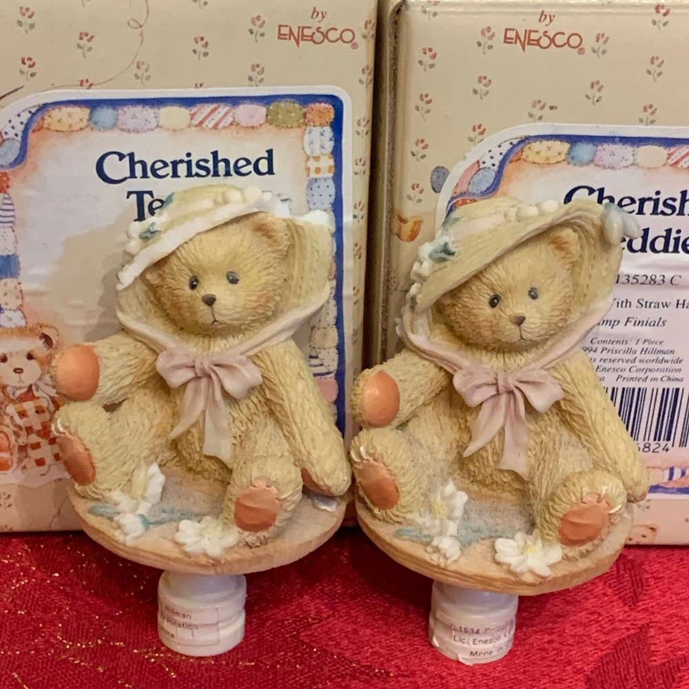 Cherished Teddies - Pair of Bears with Straw Hats - Lamp Finials